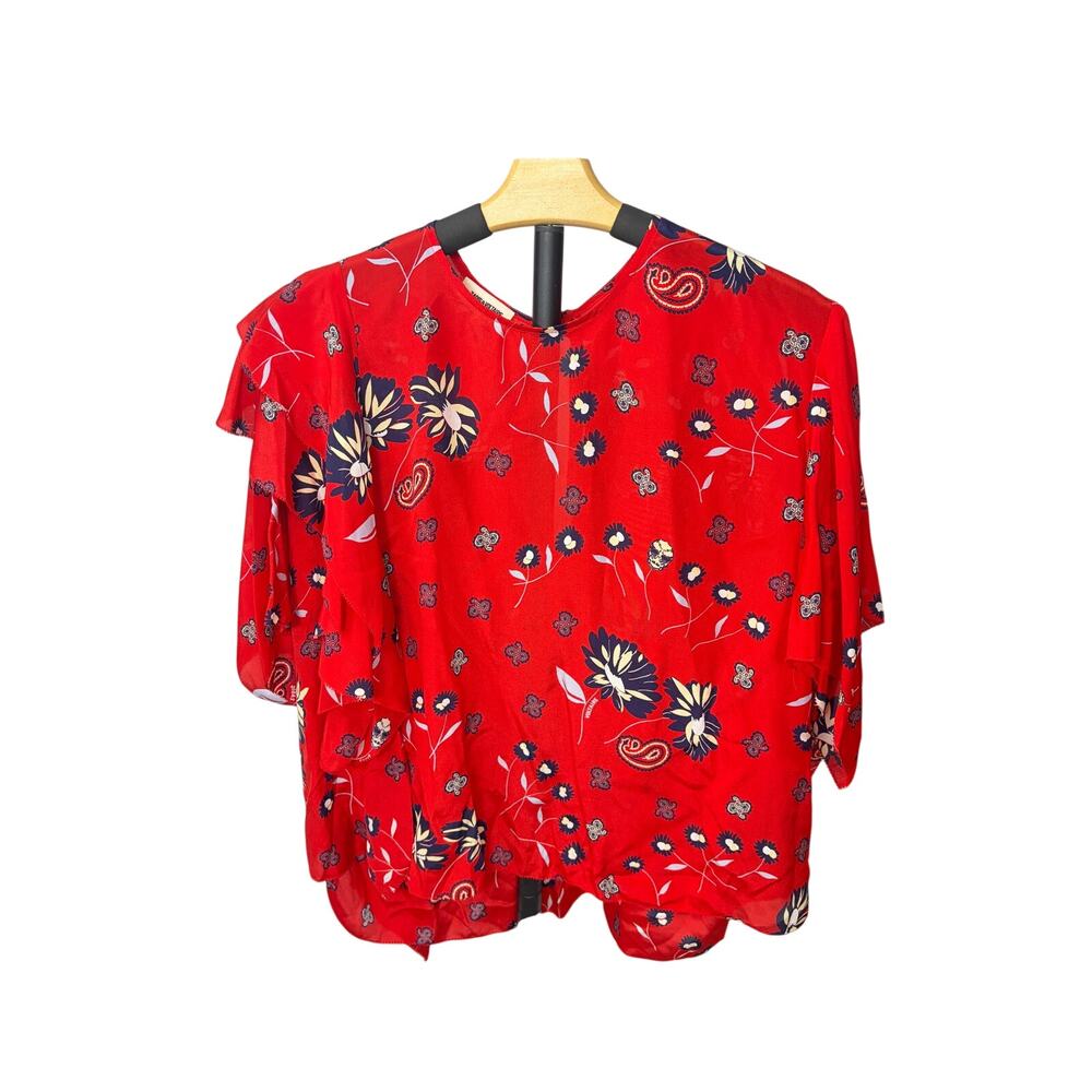 Zadig & Voltaire red silk floral blouse, tie back flutter sleeve. Size M. career